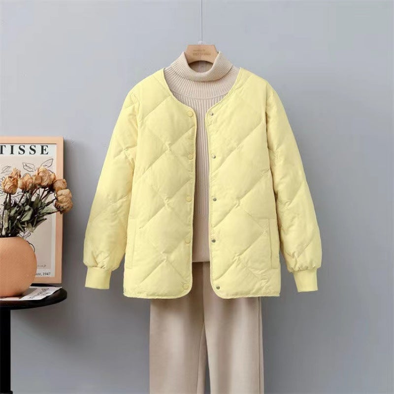 Down Cotton-Padded Jacket Women'S Short Hong Kong-Style Diamond-Shaped Plume Light Cotton-Padded Coat Loose Cotton-Padded Jacket - Image 4